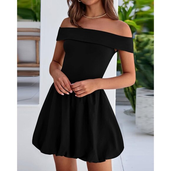 Women Summer Off Shoulder Bubble Dress Mini Sleeveless Fit Flared - Picture 3 of 8